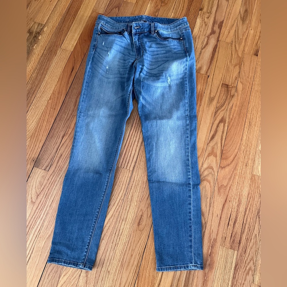 WHBM jeans, slightly distressed, slim fit.